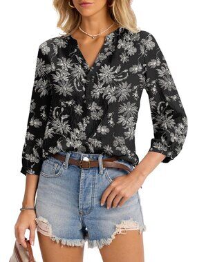 👑 Women Black Apricot Floral 3/4 Sleeve V Neck Pleated Button Front Blouses Top